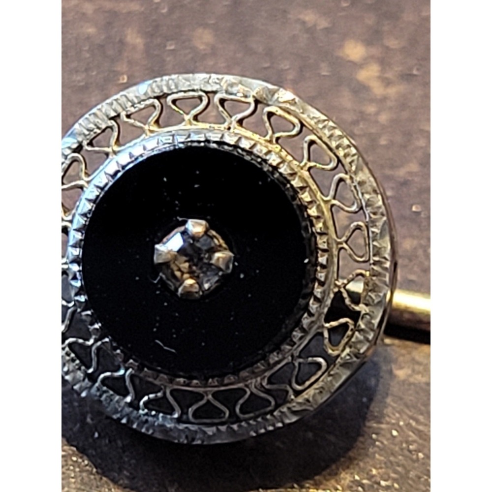 Gold Diamond Black Onxy Small Round Hat Pin, Brooch, Filigree, Estate, Signed